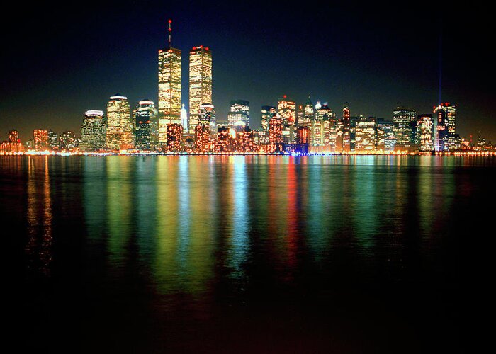 Nighttime Greeting Card featuring the photograph World Trade Center Twin Towers, Lower Manhattan New York City Nighttime Cityscape 1985 by Kathy Anselmo