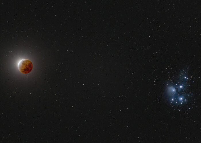 Deep Sky Greeting Card featuring the photograph Lunar Eclipse and M45 by Grant Twiss