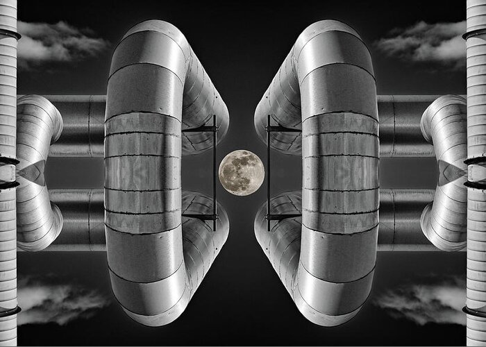 Lunar Greeting Card featuring the photograph Lunaroyal - mirrored Uniroyal Building Industrial ductting with full moon - wide version by Peter Herman