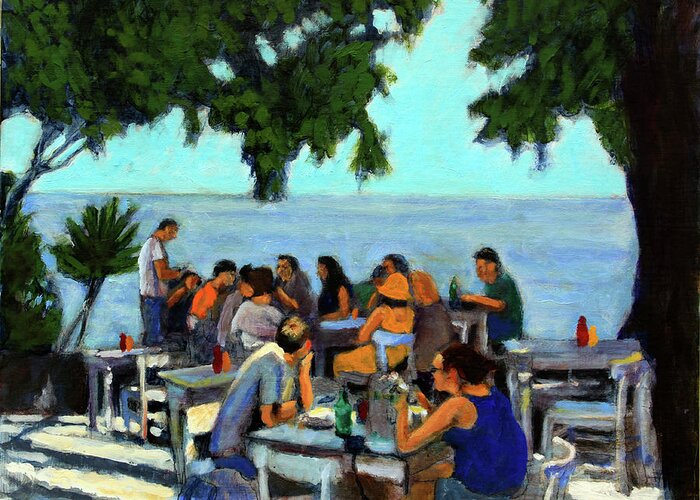 Dining Al Fresco Greeting Card featuring the painting Luncheon in Crete by David Zimmerman