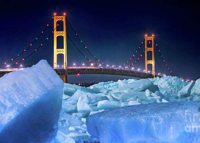 Bridge Greeting Card featuring the photograph Mackinac Bridge Blue Ice Panoramic by Norris Seward