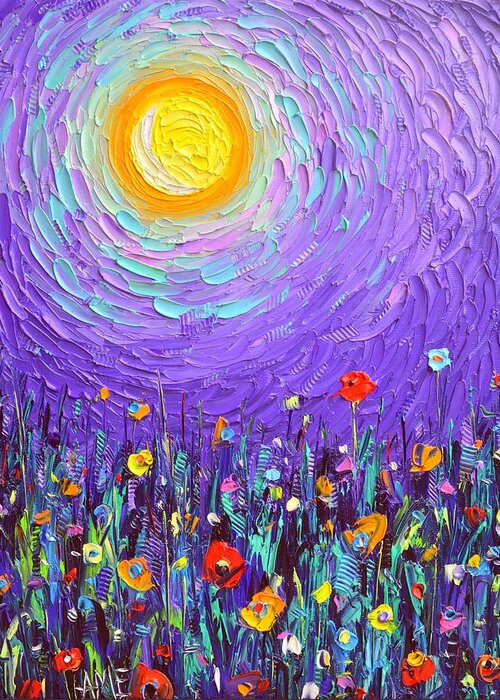 Wildflowers Greeting Card featuring the painting MAGIC NIGHT MEADOW BY MOONLIGHT abstract wildflowers palette knife oil painting Ana Maria Edulescu by Ana Maria Edulescu