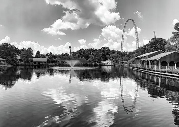 Magic Springs Greeting Card featuring the photograph Magic Springs Park Panorama in Black and White - Hot Springs Arkansas by Gregory Ballos