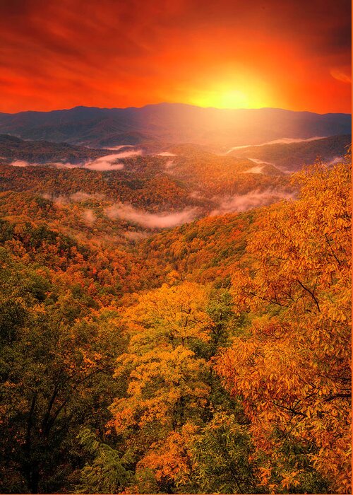 Magical Autumn Sunrise On Blue Ridge Parkway Greeting Card featuring the photograph Magical Autumn Sunrise On Blue Ridge Parkway by Dan Sproul