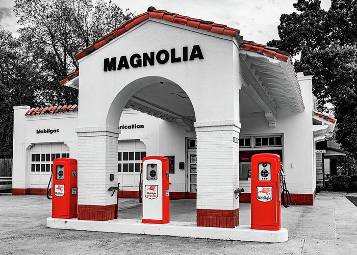 Little Rock Greeting Card featuring the photograph Magnolia Gas Station In Selective Color - From Gas Pumps To Little Rock History by Gregory Ballos
