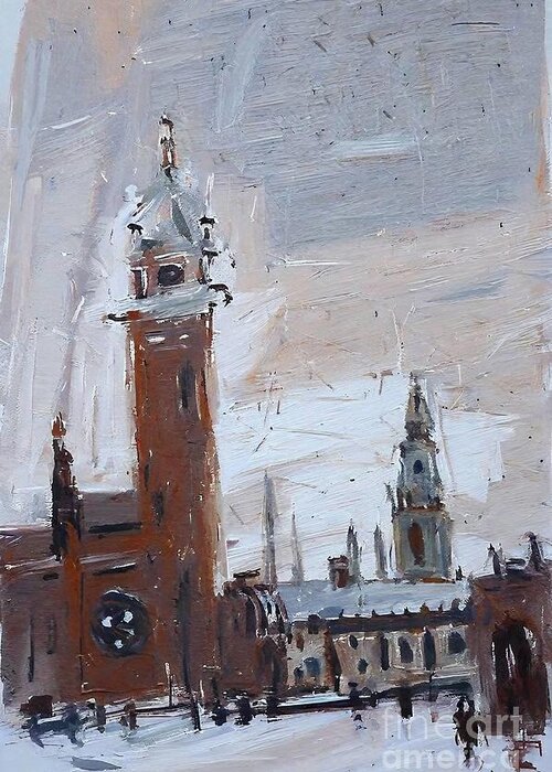 Town Greeting Card featuring the painting Main town hall Painting town street Poland hall gold medium clock Shlapak vintage architecture art artistic artwork attraction back ben big big ben britain british capital city cityscape clock by N Akkash