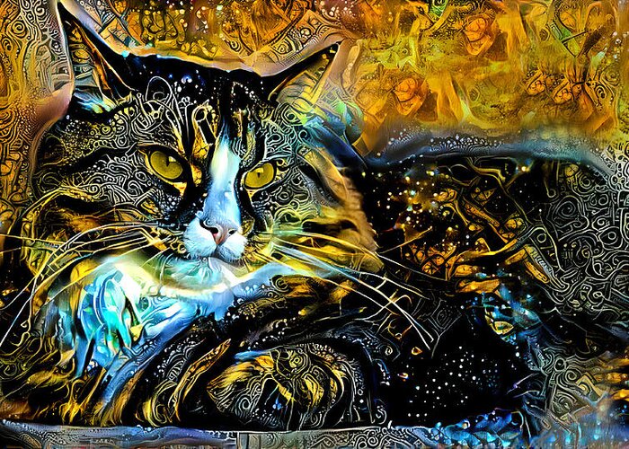 Maine Coon Greeting Card featuring the digital art Maine Coon cat lying down - golden night design by Nicko Prints