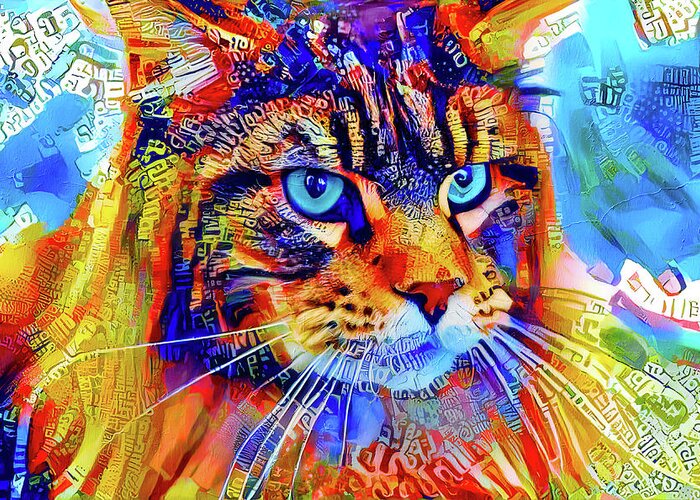 Maine Coon Greeting Card featuring the digital art Maine Coon cat watching something - colorful digital art by Nicko Prints