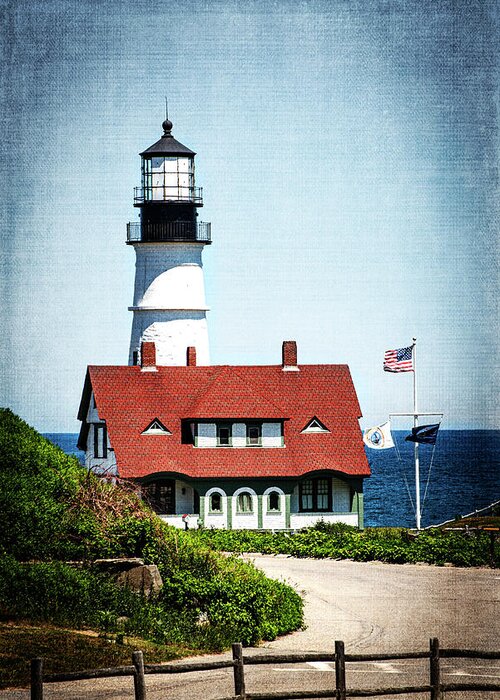 Lighthouse Greeting Card featuring the photograph Maine-The famous Portland Head Lighthouse textured by Judy Wolinsky