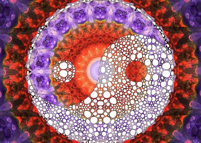Yin Greeting Card featuring the painting Majestic Yin And Yang Symbol - Red And Purple Art - Sharon Cummings by Sharon Cummings