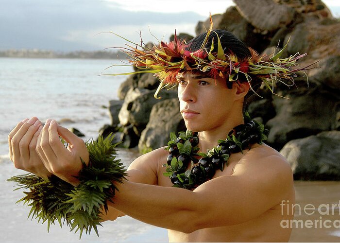 Male Hula Dancer Greeting Card featuring the photograph Male Hula Dancer poses with hands reaching out by Gunther Allen