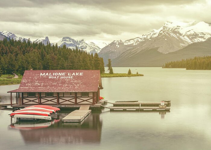 Canadian Rockies Greeting Card featuring the photograph Maligne Lake Boathouse by Jonathan Nguyen