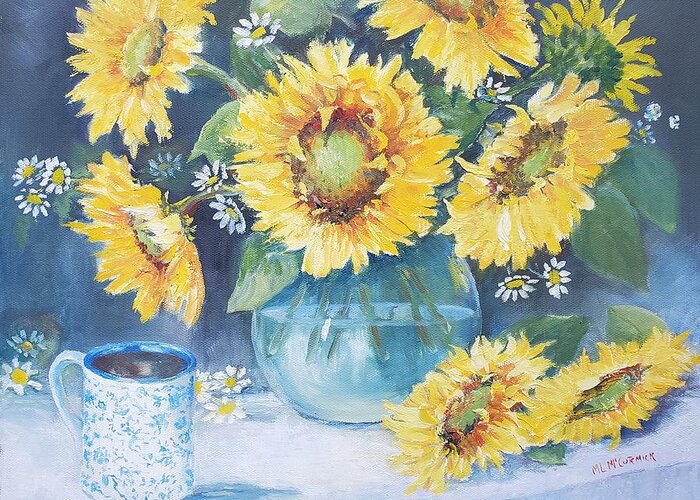 Sunflowers Autumn Coffee Harvest Greeting Card featuring the painting Mama's Cup with Sunflowers by ML McCormick
