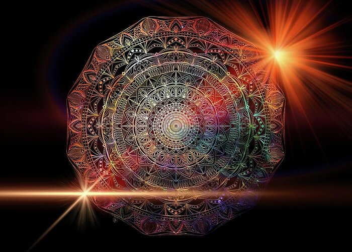Mandala Greeting Card featuring the digital art Mandala of Color Dust by Angie Tirado