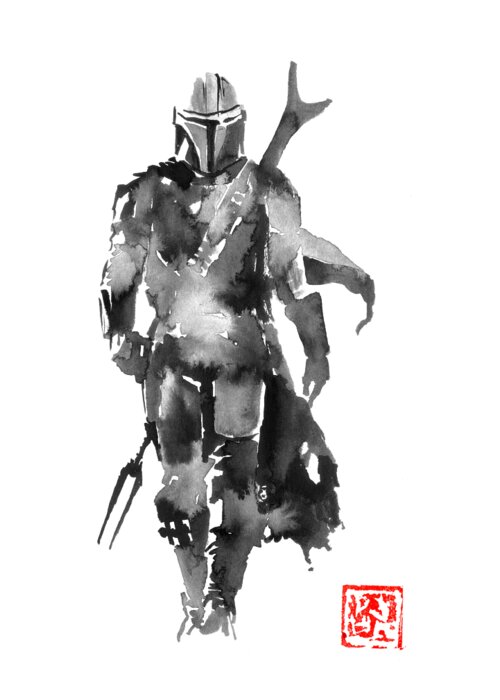 Mandalorian Star Wars Sumie Japan Greeting Card featuring the drawing Mandalorian by Pechane Sumie