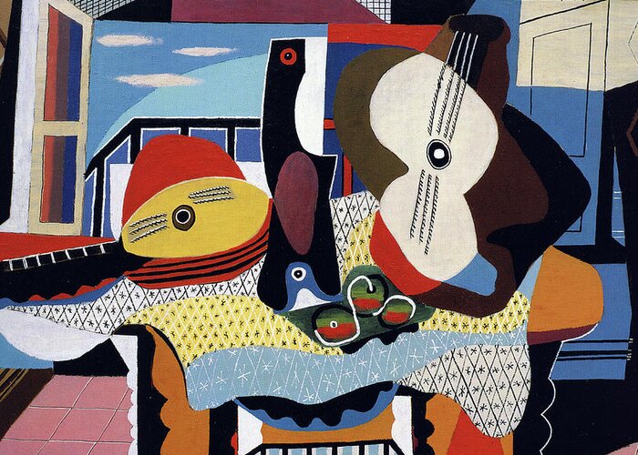 Picasso Greeting Card featuring the painting Pablo Picasso - Mandolin and Guitar by Jon Baran