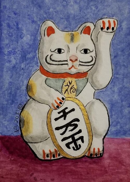 Japanese Cat Greeting Card featuring the painting Maneki Neko Beckoning Cat by Vera Smith