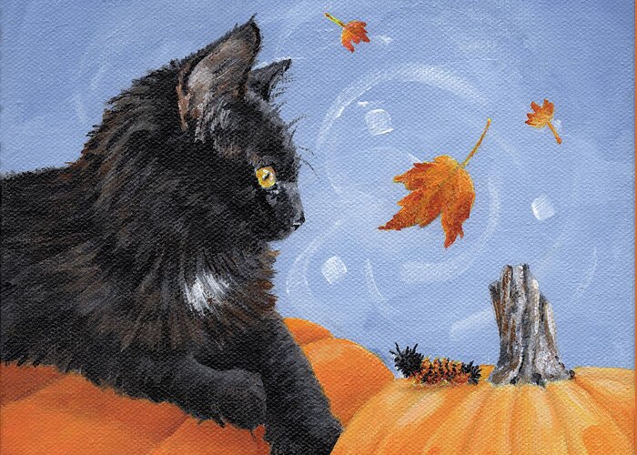 Cat Greeting Card featuring the painting Mango and Caterpillar - Black Cat with Pumpkin Painting by Annie Troe