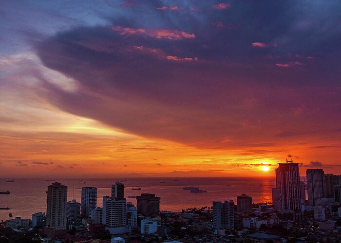 Philippines Greeting Card featuring the photograph Manila Sunset Cityscape by Arj Munoz