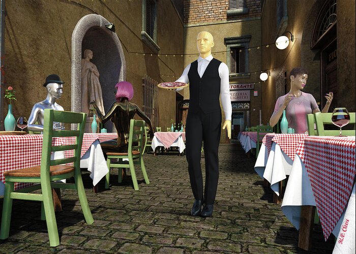 Mannequin Greeting Card featuring the digital art Mann E Quin Pizzeria by Michael Cleere