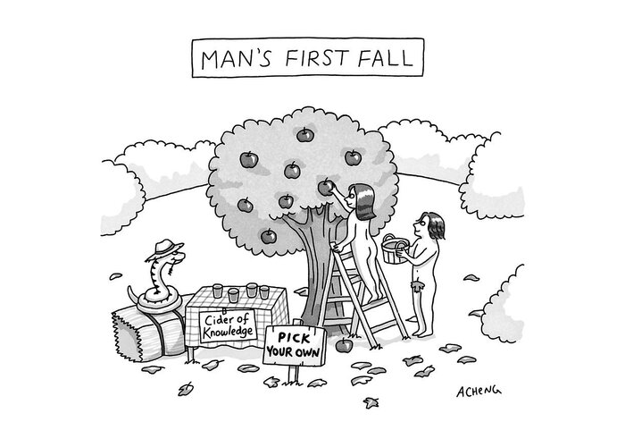 Man's First Fall Greeting Card featuring the drawing Man's First Fall by Alice Cheng