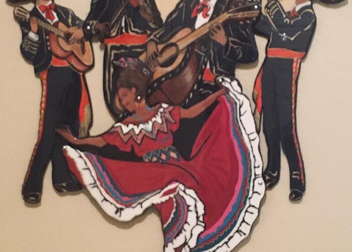 Mariachi Musicians Greeting Card featuring the mixed media Mariachis and Folklorico Dancer by Bill Manson