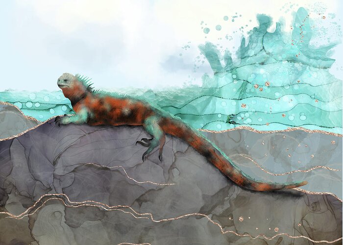 Iguana Greeting Card featuring the digital art Marine Iguana on the Seashore - Galapagos Endangered Animal by Andreea Dumez