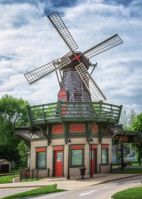 Windmill Greeting Card featuring the photograph Marion County Windmill Bank - Pella Iowa by Susan Rissi Tregoning