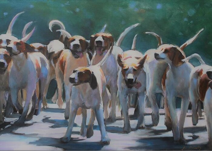 Hounds Greeting Card featuring the painting Mark, Set, GO by Susan Bradbury