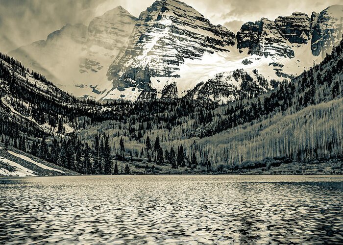 Maroon Bells Greeting Card featuring the photograph Maroon Bells Mountain Peaks in Sepia by Gregory Ballos