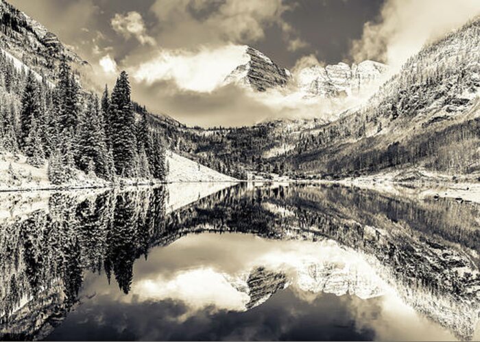 America Greeting Card featuring the photograph Maroon Bells Sepia Panoramic Mountain Landscape by Gregory Ballos
