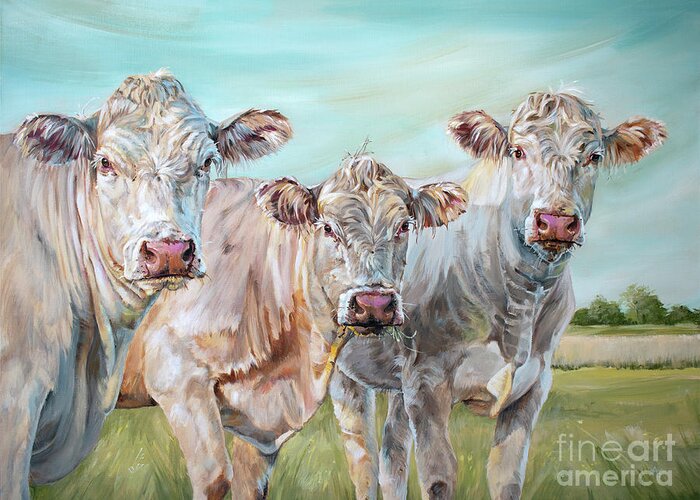 Cow Greeting Card featuring the painting Mavis in the Middle - 3 Cows Painting by Annie Troe