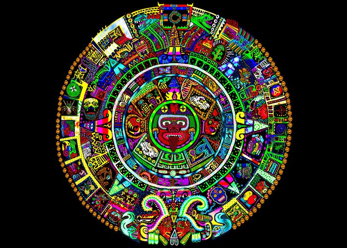 Mayan Calendar Greeting Card featuring the mixed media Mayan Calendar Redux by Myztico Campo