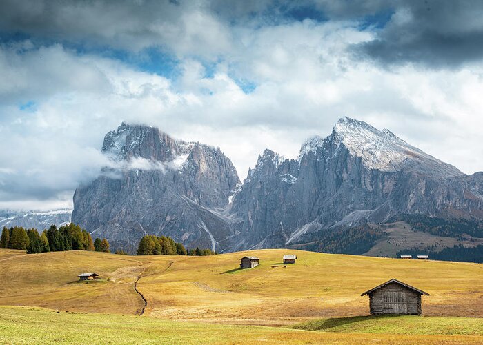 Mountain Landscape Greeting Card featuring the photograph Meadow field and the Dolomiti rocky peaks Alpe di siusi Seiser Alm Italy by Michalakis Ppalis