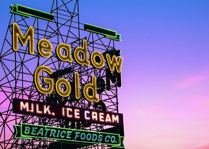 Tulsa Meadow Gold Neon Greeting Card featuring the photograph Meadow Gold Neon Panorama Along Tulsa's Route 66 by Gregory Ballos
