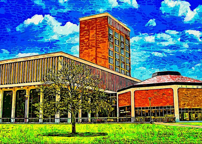 Texas Tech University College Of Media & Communication Greeting Card featuring the digital art Media and Communications Building of the Texas Tech University - impressionist painting by Nicko Prints