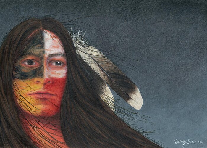 Native American; American Indian; Eagle Feathers; Medicine Wheel; Long Flowing Hair Greeting Card featuring the painting Medicine Man by Valerie Evans