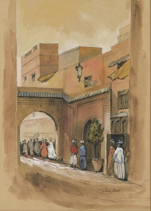 Morocco Streets Life Greeting Card featuring the painting Medina of Marrakech by Juan Bosco