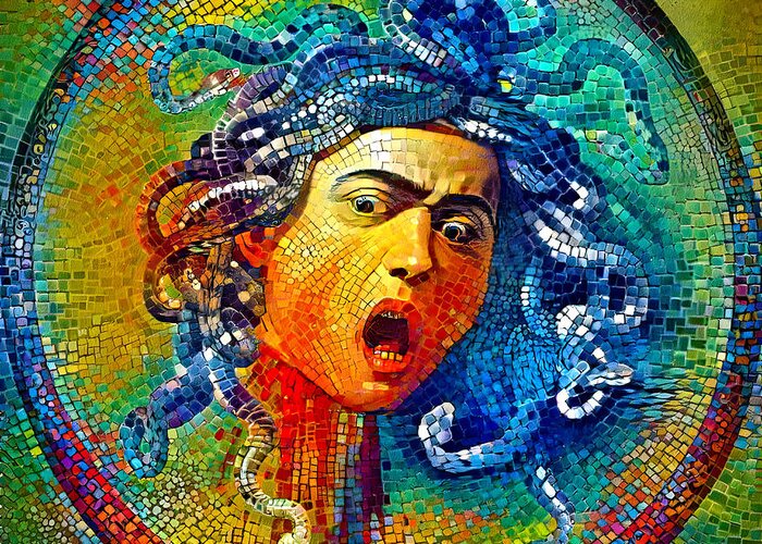 Medusa Greeting Card featuring the digital art Medusa by Caravaggio - colorful mosaic by Nicko Prints