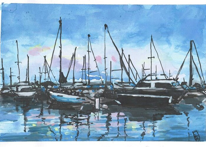 Boats Greeting Card featuring the painting Meeting at Sunset by Eileen Backman