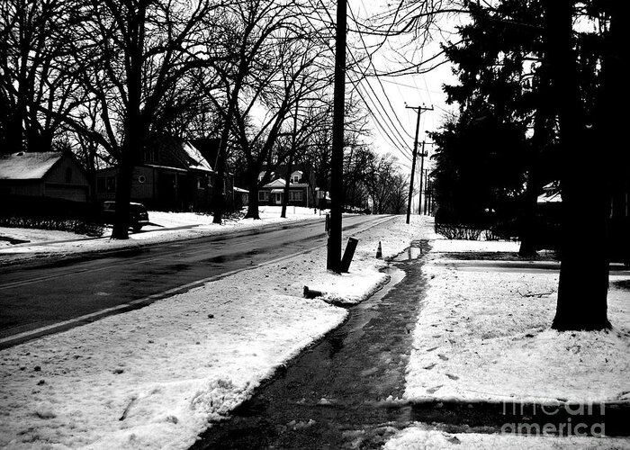 Street Greeting Card featuring the photograph Melting Snow Down the Street - Black and White by Frank J Casella