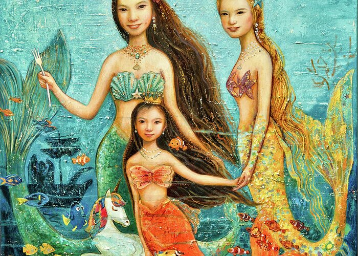 Mermaid Greeting Card featuring the painting Mermaid Sisters by Shijun Munns
