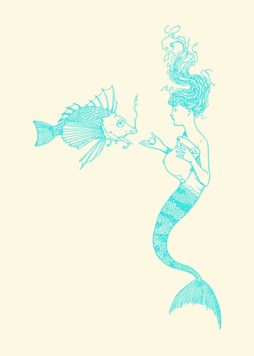 Mermaid Greeting Card featuring the digital art Mermaid With Fish Line Art by Madame Memento