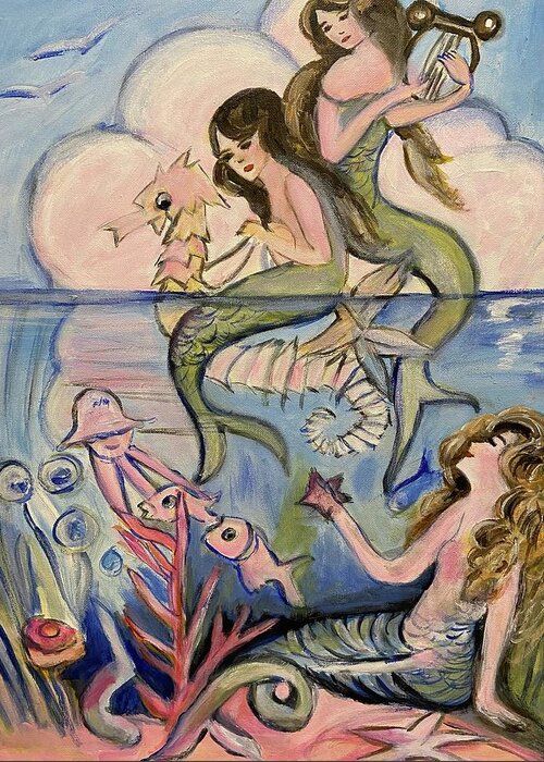 Mermaids Greeting Card featuring the painting Mermaids by Denice Palanuk Wilson