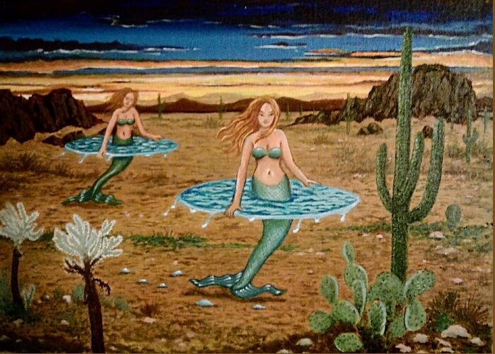Mermaids Greeting Card featuring the painting Mermaids traveling by James RODERICK