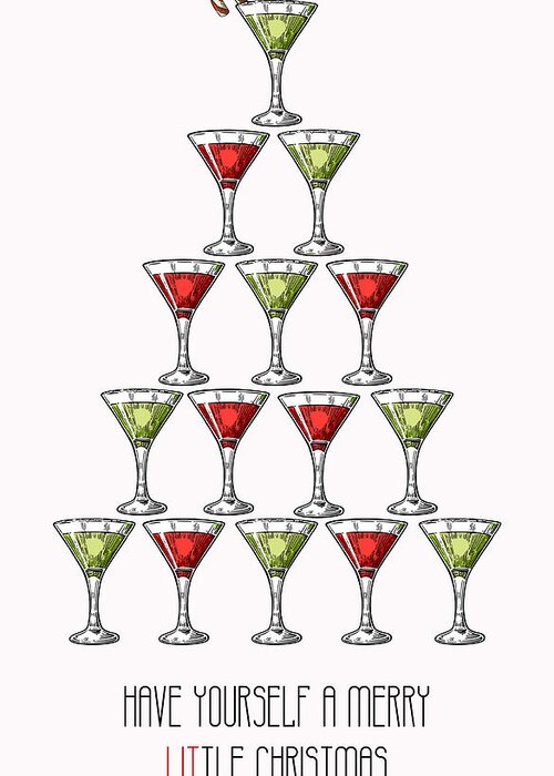 Christmas Greeting Card featuring the digital art Merry Lit Martini Christmas Tree Greeting Card by Ink Well