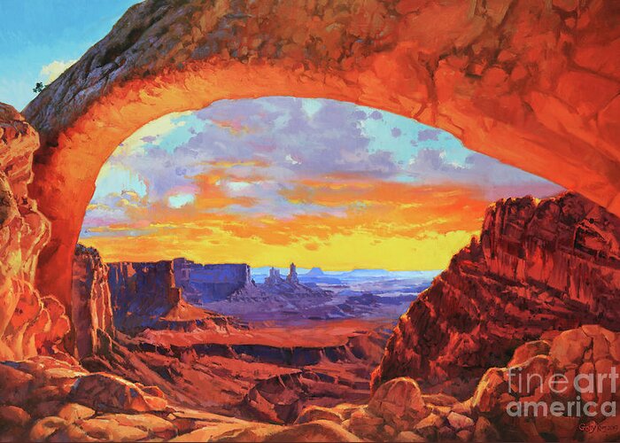 Mesa Arch Sunrise Canyonlands National Park Moab Utah Landscape Mountains Nature Southwest Sun Rise Southern South West Canyon Rock Stone Formation Glows Red Sun Burst Utah's National Park Artist Gary Kim Large Wall Canvas Print Oil Painting Mural Art Red Brown Desert Arid Butte Dawn Morning Remote Beauty Sunburst Rays Sunlight Glowing Rocks Nature Impressionist Traditional Realist Valley Warm Arches Canvas Print Framed Print Poster Metal Prints Acrylic Print Wood Print Greeting Card Sticker Greeting Card featuring the painting Mesa Arch Sunrise 1 by Gary Kim