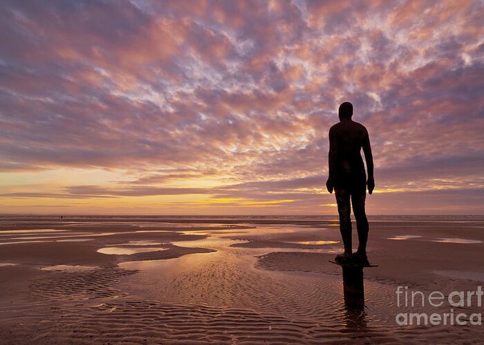 Another Place Greeting Card featuring the photograph Metal statues on Crosby beach, Merseyside, England by Neale And Judith Clark