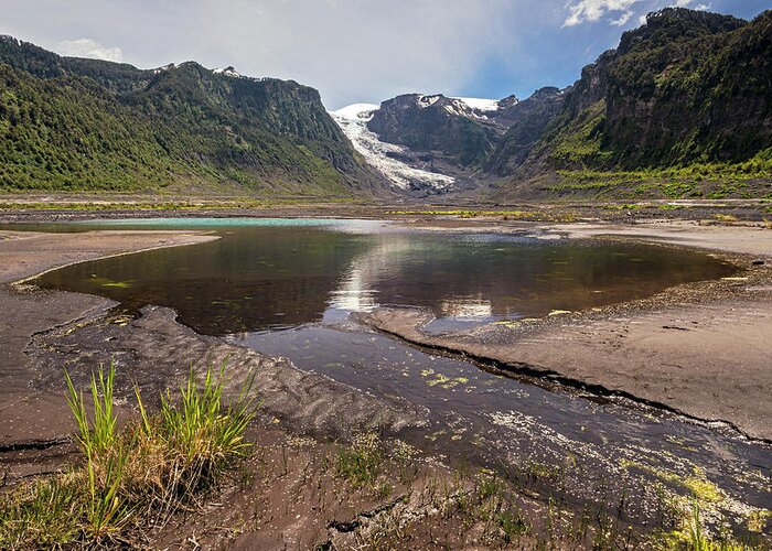 Chile Greeting Card featuring the photograph Michinmahuida glacier with pond reflexion by Henri Leduc