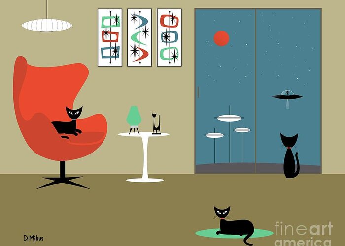Mid Century Modern Greeting Card featuring the digital art Mid Century Cat Spies Flying Saucer by Donna Mibus